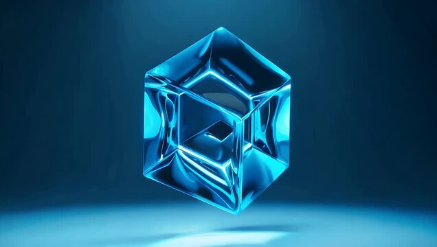 Abstract 4K Ultra HD 3D realistic animation of a blue frosted glass paradoxical shape cube that slowly rotates levitates and moves up and down in the air