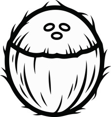 Fototapeta premium A simple black and white cartoon drawing of a single, hairy coconut with three eye-like indentations
