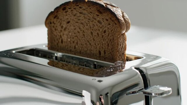 Close up of a stainless steel toaster with dark toasted bread against a blurred white background
