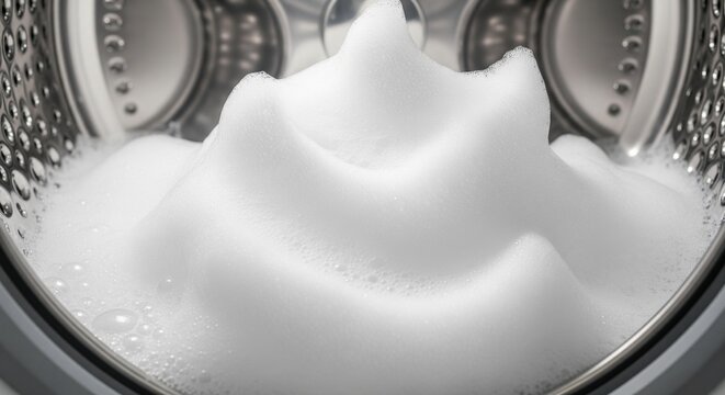 Interior view of a dishwasher drum filled with thick, white soap foam during a cleaning cycle