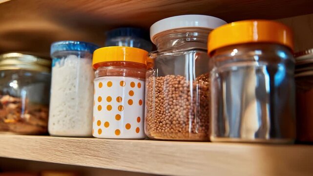 Close medium shot of a pantry shelf with gel bait dots placed discreetly to tackle cockroach problems among food containers.