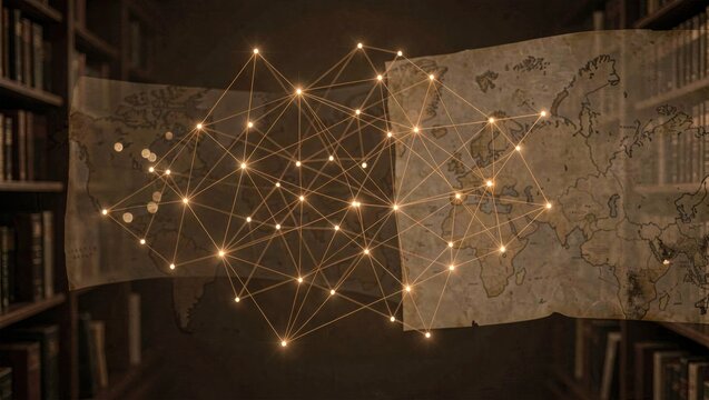 Amber Neural Network Nodes Floating In Deep Sepia Parchment Texture