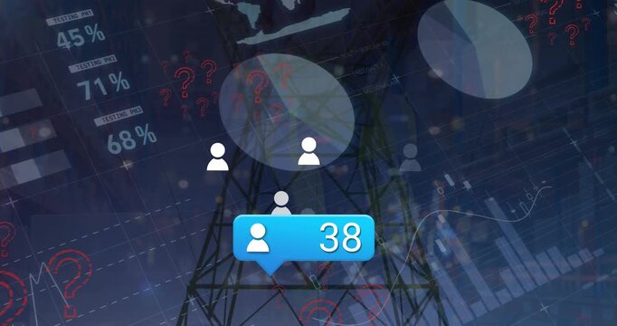 Animation of data processing over media icons and pylon