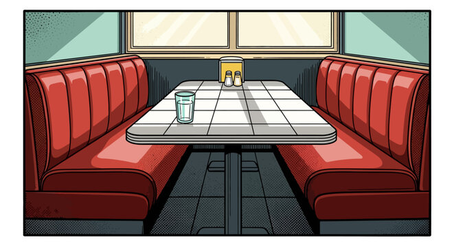 Retro diner booth with sunlit table and red seats in pop art style