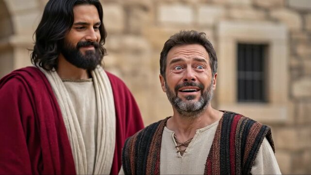 Jesus Christ imparting divine wisdom, sacred parables, spiritual guidance to an astonished man, biblical narrative, ancient world setting, profound revelation, religious teachings