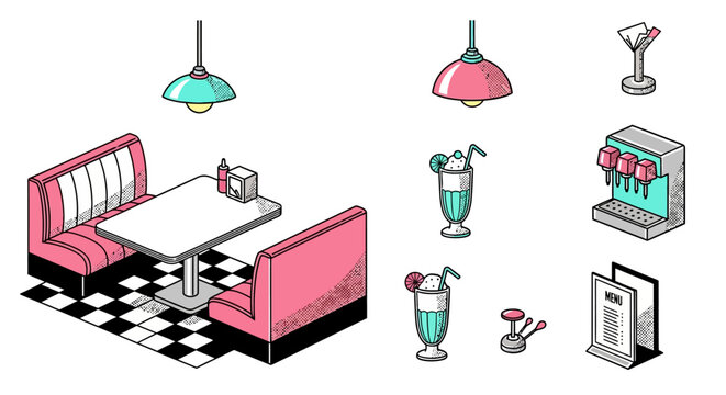 Retro diner isometric layout with booth, drinks, and decor elements