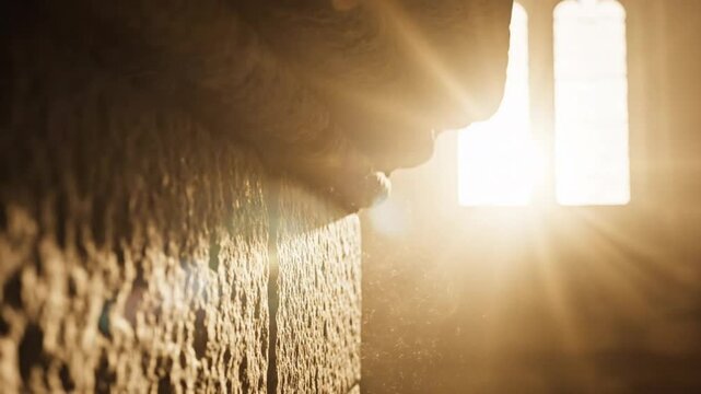 Sunlight streaming through antique windows, dust motes dancing in the warm light of an old stone building