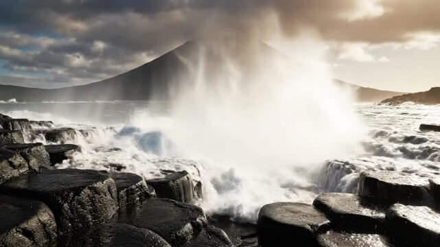 Powerful ocean waves crashing against basalt columns with a mountain in the background under a cloudy sky.