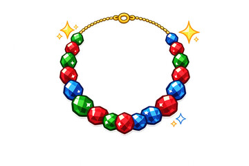 Obraz premium Gold chain necklace with sparkling multicolored beads, red, green, blue faceted gemstones, cartoon jewelry design