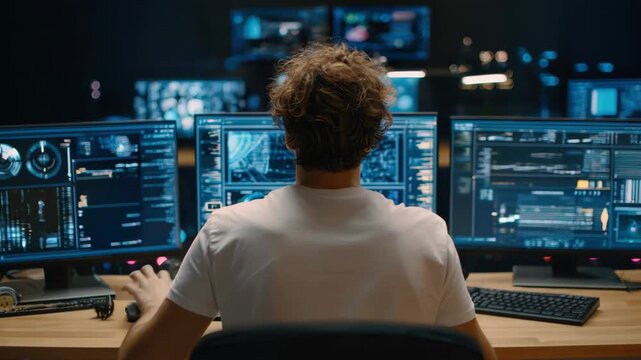 Medium shot of a cybersecurity expert monitoring a digital dashboard illustrating proactive defense of repossession data against cyber threats.