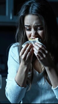 Young woman secretly indulging in late night snacking, eating sweet dessert alone in the dark kitchen, addressing intense hunger craving during quiet hours at home