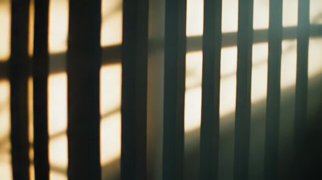 Sunlight through vertical window bars casts warm, geometric shadows across a wall, creating a minimalist interplay of light and dark that suggests confinement and quiet hope