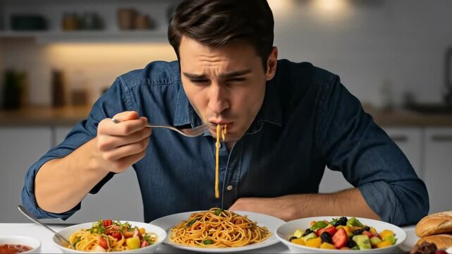 A person experiencing a lack of taste sensation, struggling to enjoy a hearty meal of pasta, with vibrant salads and bread served alongside, highlighting sensory deprivation in dining