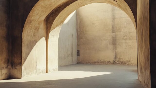 Architectural arches forming a light filled passage in a textured concrete courtyard, creating contrasting patterns of sun and shadow on the ancient looking walls and minimalist floor