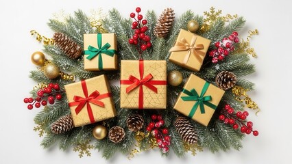 Christmas festive background with wrapped gift boxes and evergreen fir branches