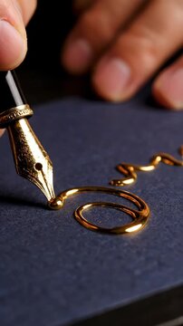 Hand using fountain pen to create elegant ink script on dark paper. Cinematic macro close-up sequence showing writing process from stroke to completed signature. Artistic calligraphy technique for