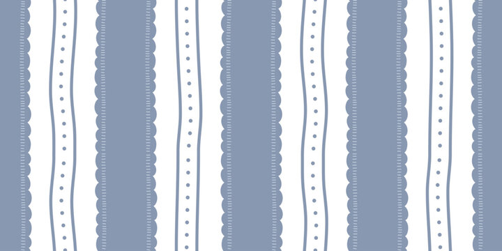 Playful vertical band pattern scallop edge and stitched stroke. Seamless blue striped pattern. Modern coastal style for home decor, stationery, wallpaper, wrapping, textile print