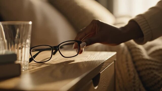 Morning Routine A hand reaches for eyeglasses on a wooden nightstand bathed in warm morning light evoking feelings of calm focus and a fresh start to the day