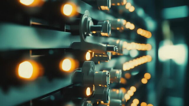 Rows of illuminated industrial switches and lights create a mesmerizing pattern on a complex control panel, indicating active operations and advanced technology in a data center or server room