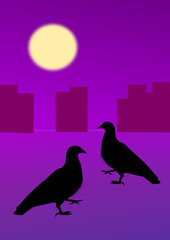 Obraz premium Silhouettes of two birds in the moonlight, and some tall buildings in the background. 