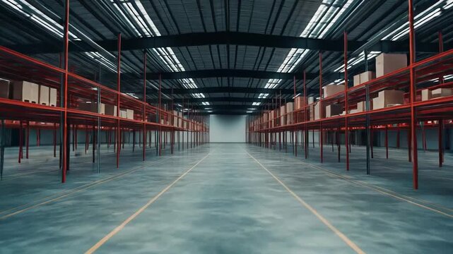 Spacious industrial warehouse interior with red metal racks, concrete floors and skylights, partially stocked shelves and wide aisles ready for logistics, fulfillment and storage operations