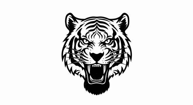 Fierce black and white tiger face with bared teeth and stripes