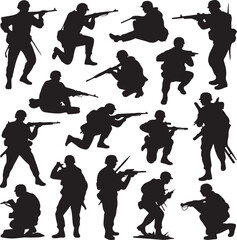 Large collection of various military soldier silhouettes in combat action poses