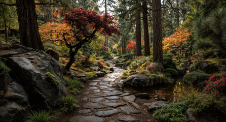 Obraz premium Serene forest trail with natural stone pathway meandering beside gentle stream in autumn lush botanical garden setting