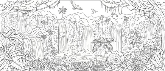 Obraz premium Lush jungle scene with cascading waterfalls, exotic plants, and wildlife