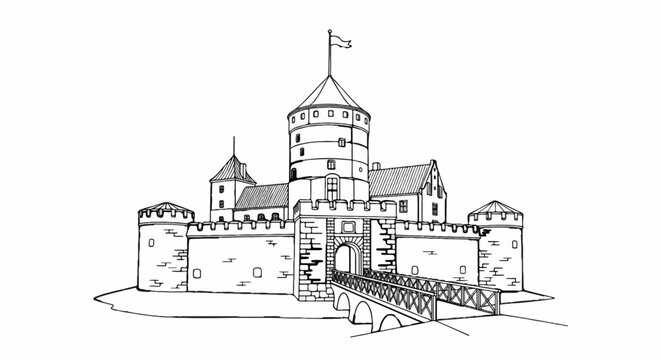 A detailed ink sketch of a large medieval castle with a drawbridge over a moat