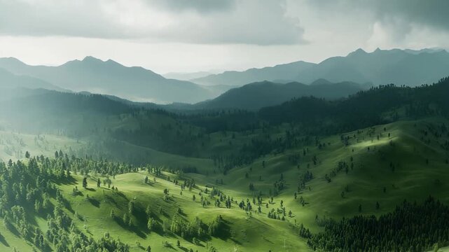 Lush green hills and valleys unfold under a soft, overcast sky, with patches of sunlight breaking through the mist to highlight scattered forests and a serene natural wilderness