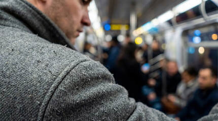 Obraz premium Sad man in a grey coat riding a subway car feeling lonely