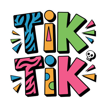 A colorful and playful graphic design featuring the Tik Tik logo with a skull and vibrant patterns