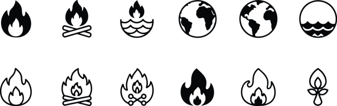 A set of vector line art illustrations featuring fire and earth elements in silhouette mode