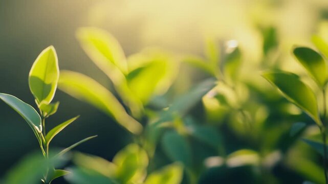Green young plants enjoying warm golden sunlight in a soft focus natural outdoor setting during the morning, symbolizing growth, freshness, and nature