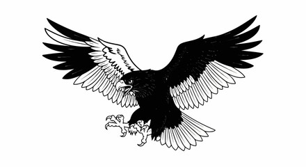 Obraz premium Black and white illustration of a powerful eagle with wings spread wide, attacking