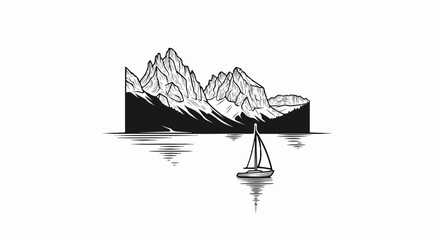 Majestic mountain range overlooking a serene lake with a solitary sailboat