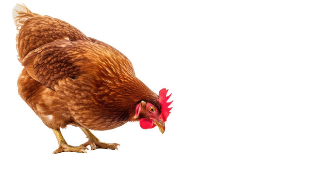 Pristine Rhode Island Red hen with reddish-brown plumage and red comb, pecking corn and seeds on a transparent studio background with soft high-key lighting, concept of natural product purity