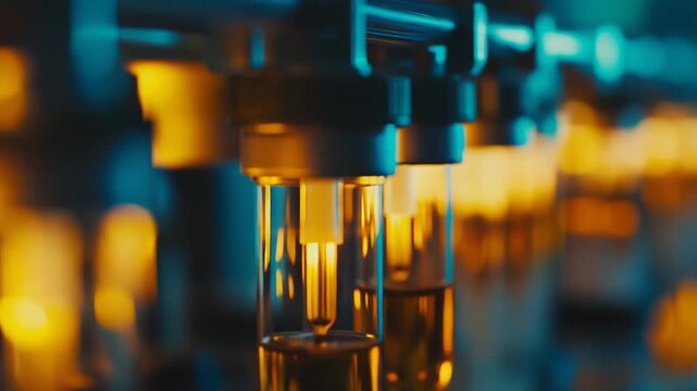 Automated machinery filling glass vials with a golden liquid in a controlled pharmaceutical manufacturing environment, symbolizing biotech research and medical development