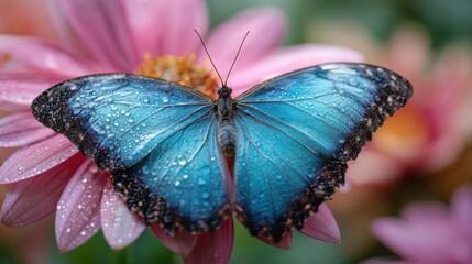 Vibrant blue butterfly resting on pink flower with dewdrops.