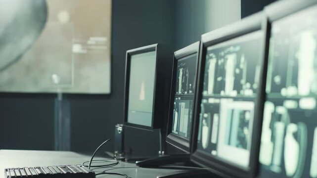 Row of computer monitors displaying various data and security camera feeds, creating a control room environment for data analysis and vigilant observation