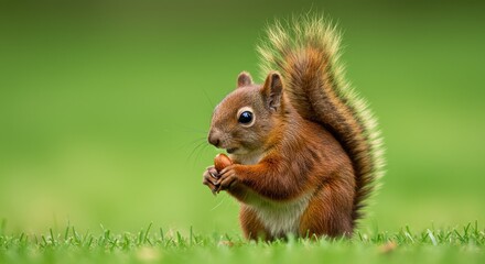 Obraz premium A small brown squirrel with a fluffy tail stands on its hind legs in a grassy field, holding a nut in its paws