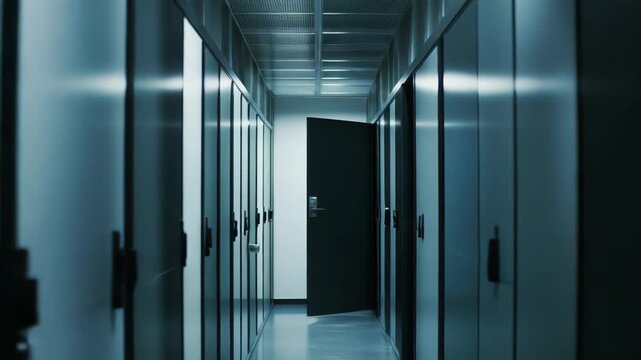 Server room corridor with rows of closed server racks, conveying organized, secure data infrastructure and controlled it environment, with an open door at the far end