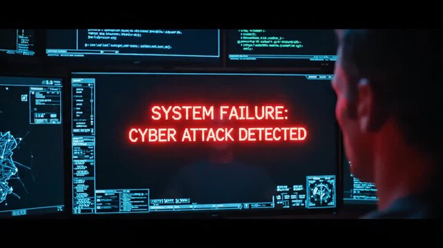 man working in cybersecurity center with multiple screens showing system failure and cyber attack detected red warning text on monitors
