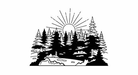 Fototapeta premium Sunrise over a dense forest with a winding path and a small pond