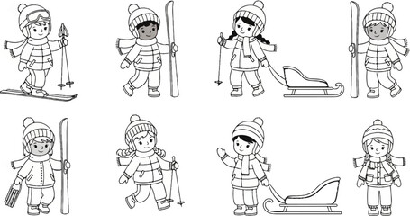 Fototapeta premium Cartoon children in winter clothing engaged in snow activities
