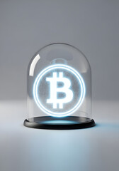 Cryptocurrency symbol illuminated under glass dome in minimalist background
