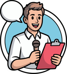 A cartoon man holding a microphone and clipboard, smiling and speaking.
