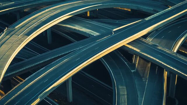 Complex highway interchange weaving roads and bridges in an urban cityscape, showcasing modern transportation infrastructure, continuous traffic flow and engineered connectivity