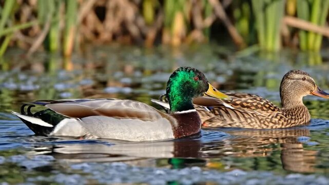 Beautiful close up of two mallard ducks swimming calmly together in a lake surrounded by marsh vegetation